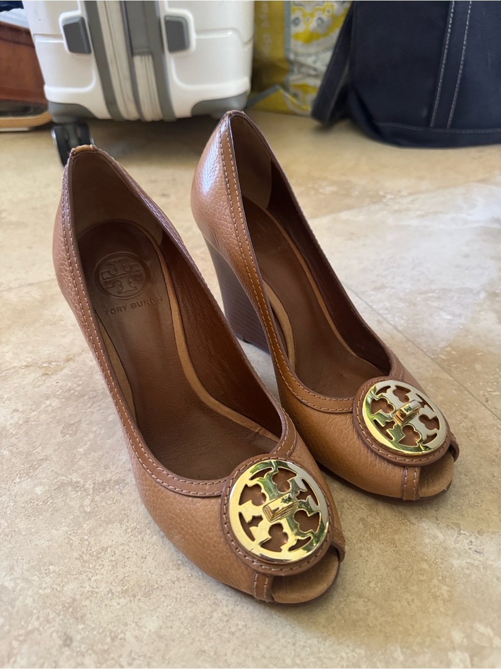 Tory Burch Tan Leather Peep-Toe Heels with Gold Logo Medallion